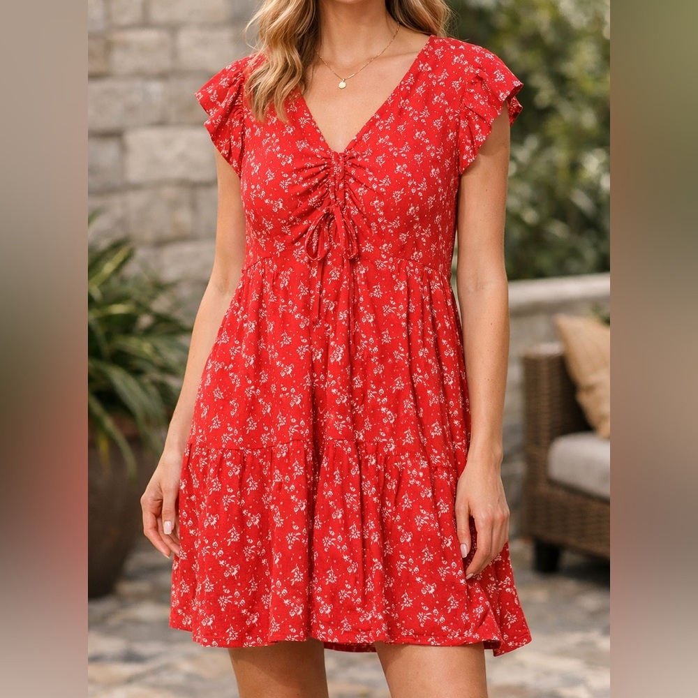 Universal Thread Red Floral Ruched V-Neck Dress Size L NWT